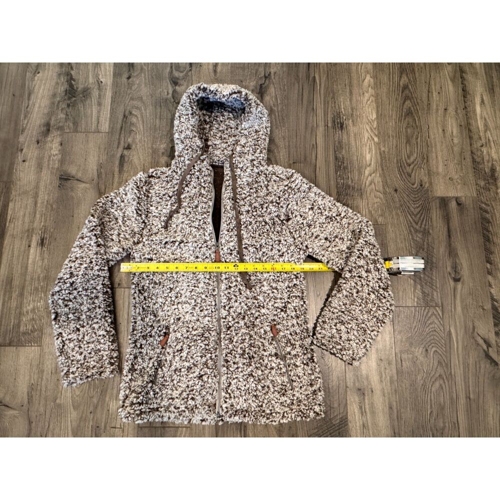 Fuzzy Sherpa Fleece Hoodie Jacket Womens S M Brown Cream Half Zip Teddy Pullover